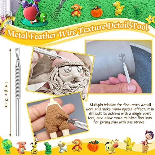 XGUOGE 11 Sets Polymer Clay Tool Double-Sided 10 PCS Wooden Handle Clay Carving Tools & 1 pc Metal Feather Wire Texture Tool Pottery Ceramic Modeling Clay Sculpting Tools Kits for Engraving, Shaping