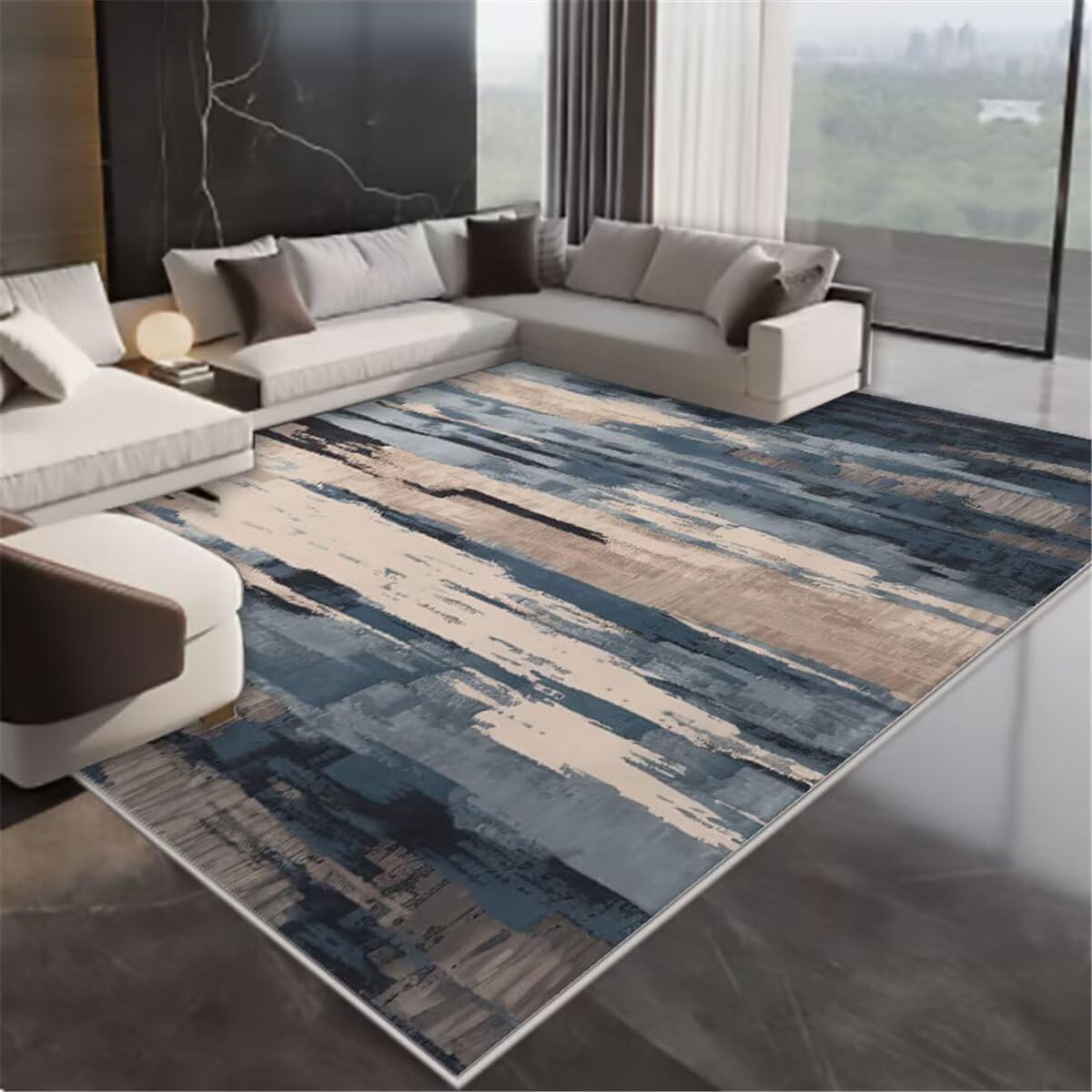 Tapis de salon gris bleu anti-glisse 120x160 pour sécuriser les sols froids