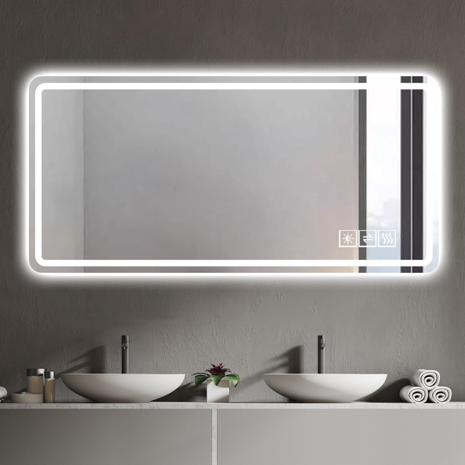 60X28 Inch Lighted Bathroom Mirror with Front Lights Silver Three-Color Changing Light Fog-Resistant Frameless Vanity for Bathroom Use