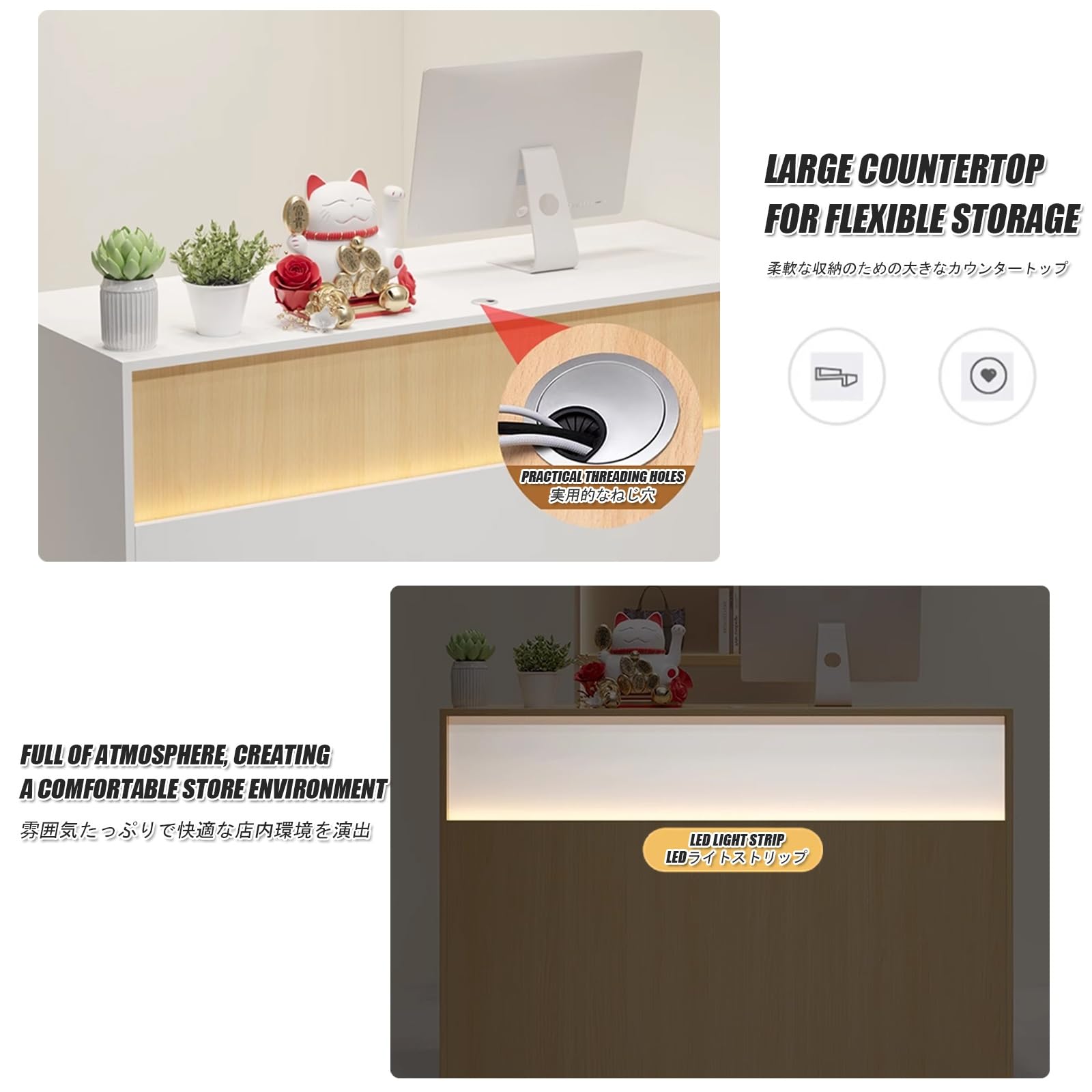 Rezeption, Empfangstresen, Kassentisch, Kassierer, Büro-Schließfachtisch mit Schubladenkabel, moderner Rezeptionstresen mit LED-Leuchten und Kabeldurchführung, stilvoller Rezeptionstresen fü
