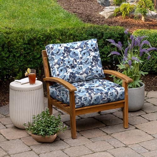 Image of ARDEN Outdoor Plush Modern Tufted Blowfill Deep Seat Set, 24 in x 24 in, Weather-Proof, Rain-Proof, Fade Resistant Patio Cushion, Ultra Cozy 24 x 24, Blue Garden Floral