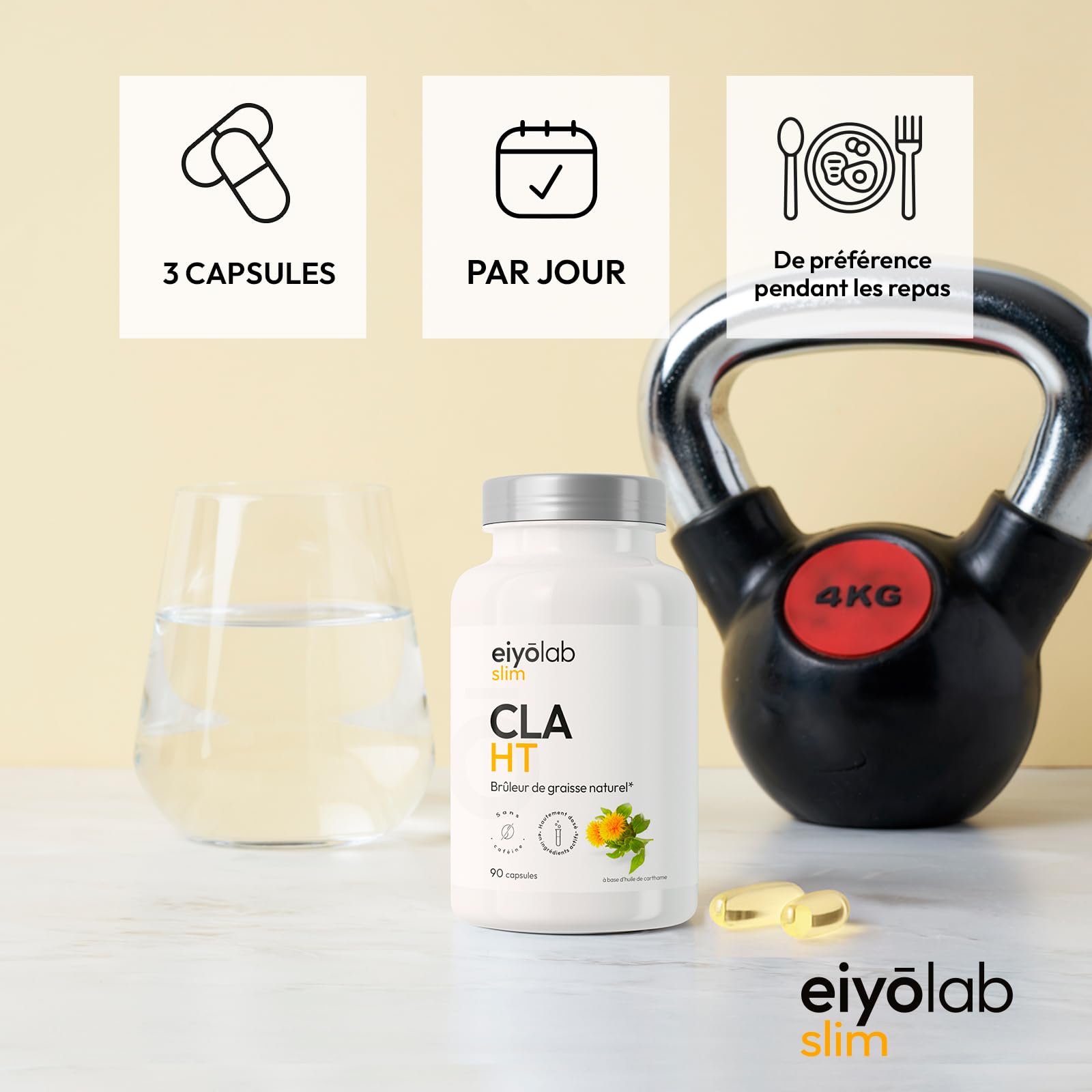 CLA HT | 3000mg par Portion | Bruleur de Graisse Naturel | Action Ciblée sur la Ceinture Abdominale | 80% d’Acide Linoléique Conjugué | 90 Capsules pour Homme et Femme | Made in France | Eiyolab