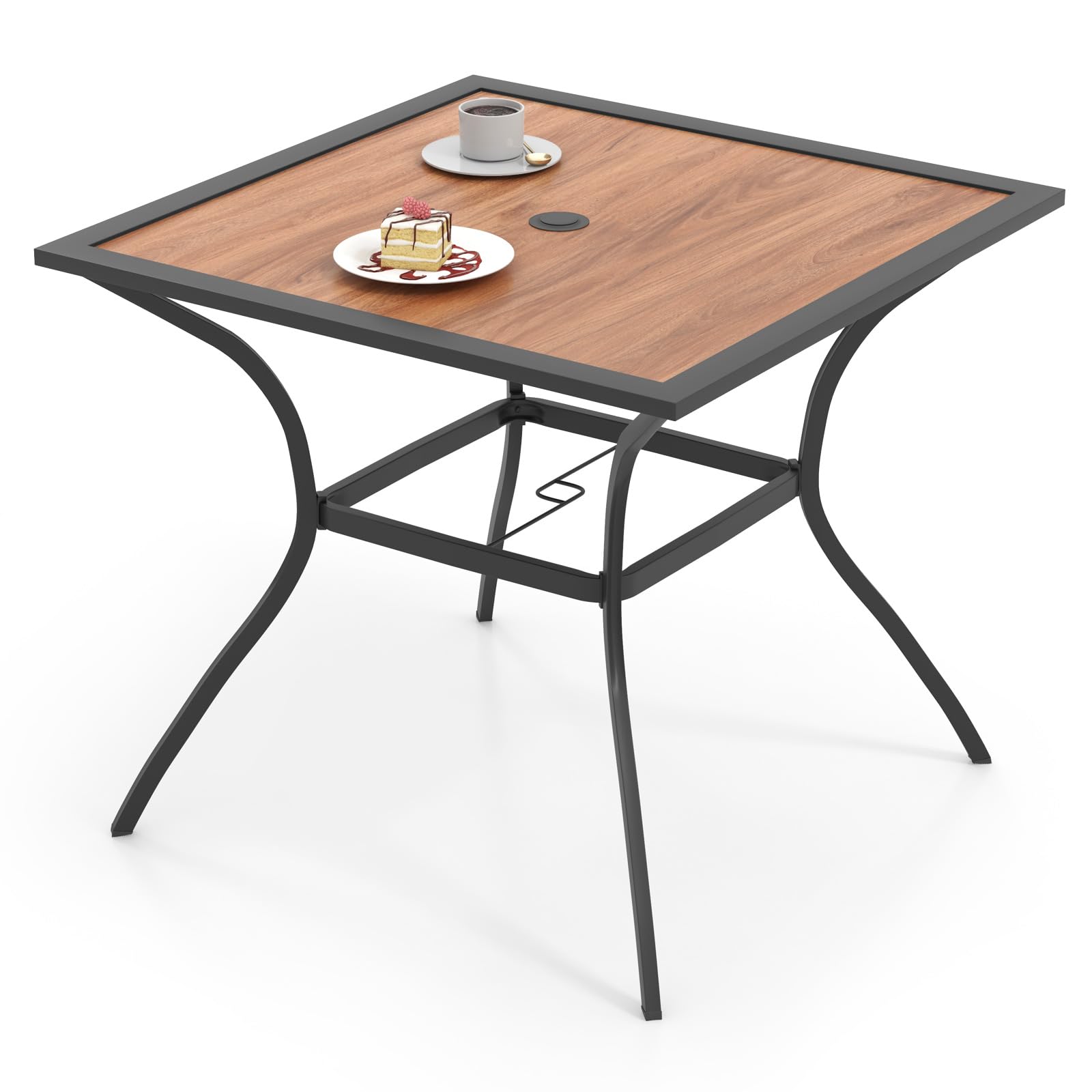 COSTWAY Tavolo da Pranzo da Giardino per 4 Persone con Foro per Ombrellone | Tavolo Quadrato da Esterno 85 cm con Piano in Legno e Telaio in Metallo, Portata 80 kg