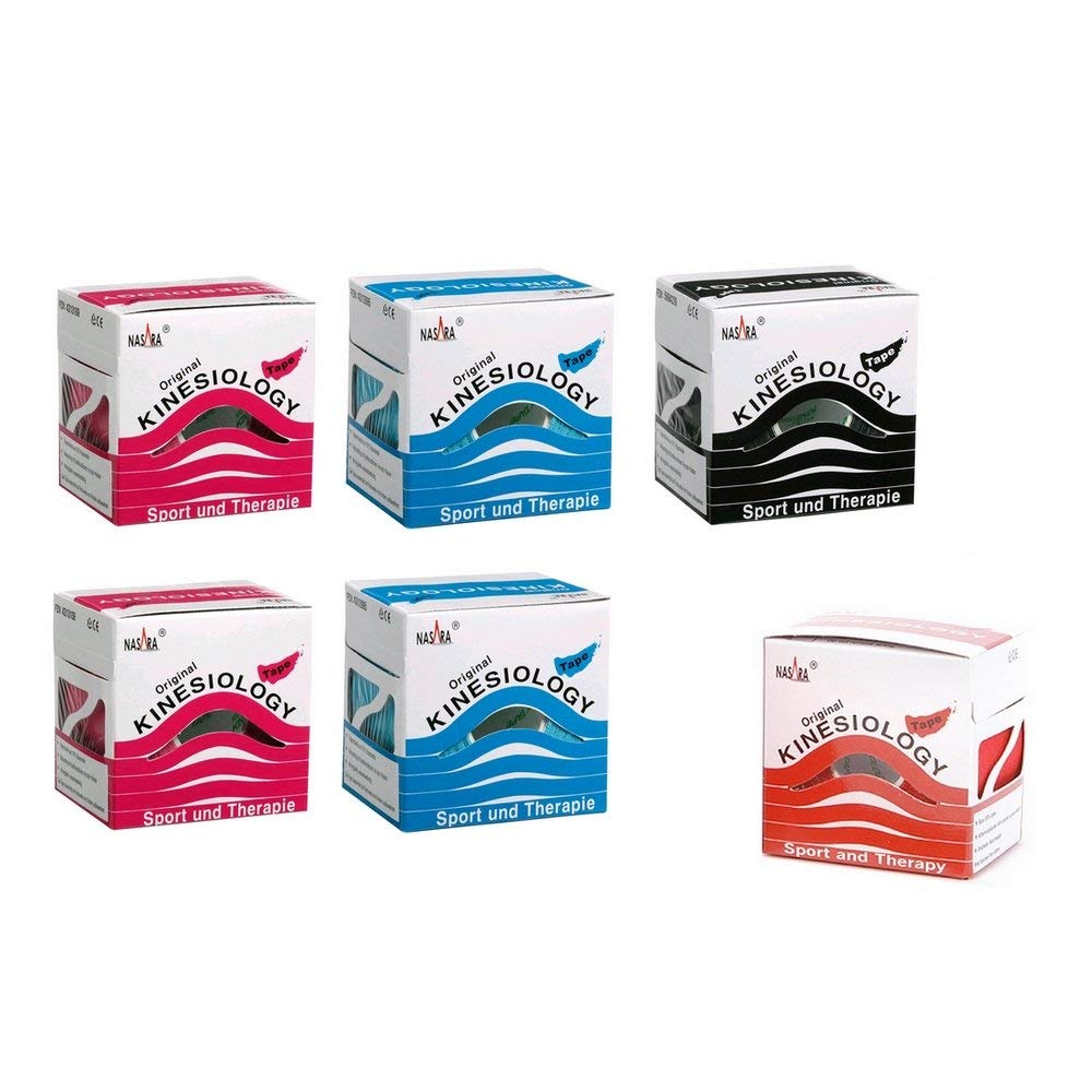 6er 2x blau 2x pink 1x rot 1x schwarz NASARA Kinesiologie Tape kinesiologische Tapes im Set * 5m x 50mm