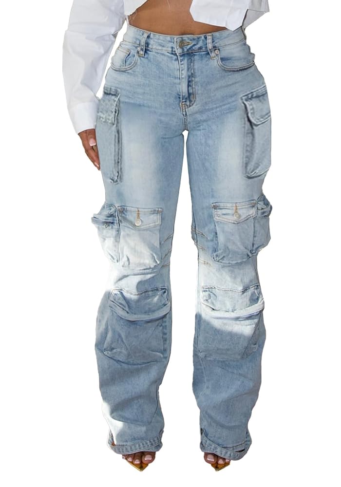 DINGANG Women's High Waisted Cargo Jeans Rhinestones Bling