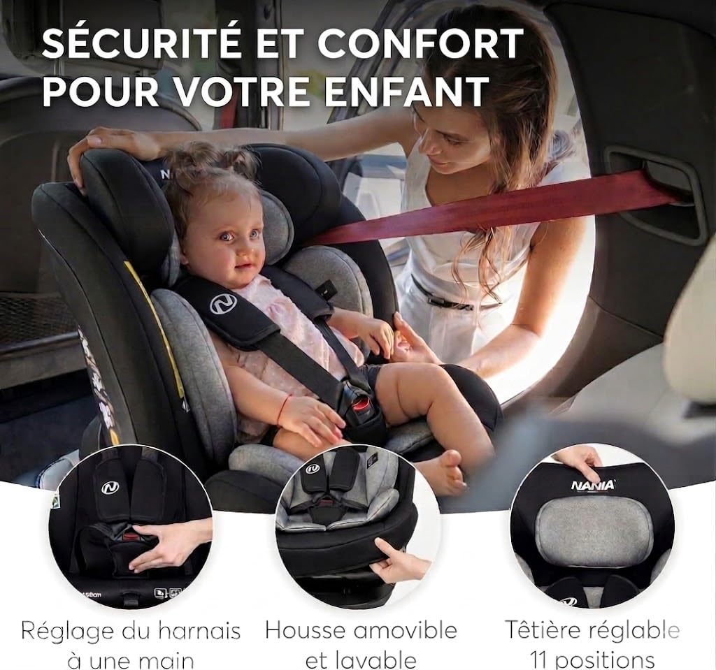 Nania Prato, seggiolino auto per bambini, I-Size, 40-150 cm, evolutivo dalla nascita, fino a circa 12 anni, fissaggio cintura di sicurezza, poggiatesta e inclinazione regolabili, supporto lombare e