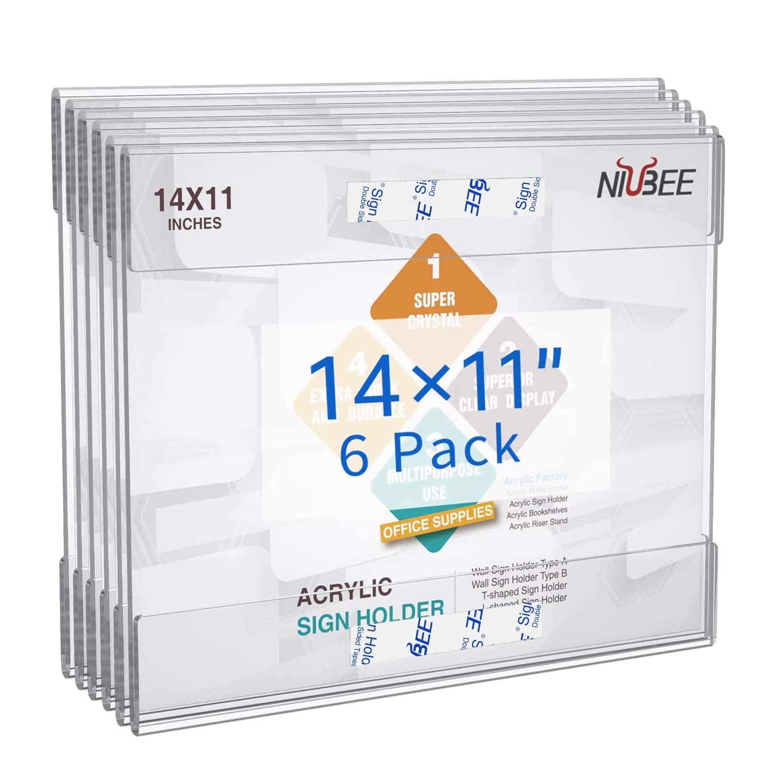 NIUBEE Acrylic Sign Holder 14x11 Inches Horizontal, Clear Plastic Wall Mount Sign Holder Poster Paper Holder with Double Sided Adhesive Tape for