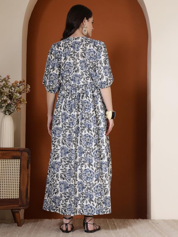 Image of Daevisn Tog Cotton Floral Printed Flared Maxi Dress for Women | Women Women Maxi Length Dress