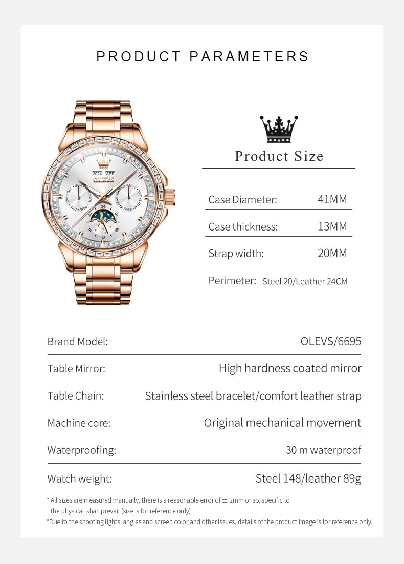 OUPINKE Herren Luxus Uhr Gold Diamant Automatik Mechanisch mit Datum Mondphase Edelstahl Leuchtend Wasserdicht Business Armbanduhr