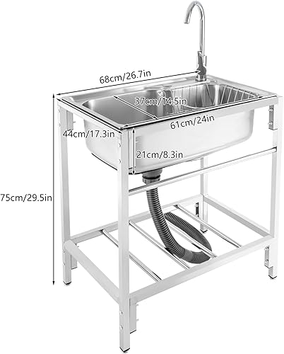 Miniatura 2 de Fregadero utilitario independiente de cocina de un solo tazón con grifo, fregadero de acero inoxidable con moldeado integrado para lavadero, baño,