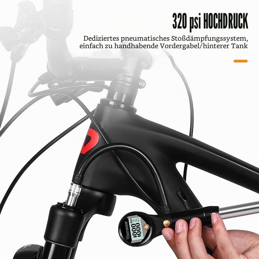 Stoßdämpferpumpe, 320 PSI Hochdruck Digital Fahrradpumpe, Anti Leck Ventil, Mountainbike Gabelpumpe mit Manometer Luftablassknopf für Vorderradgabel Hinterradaufhängung