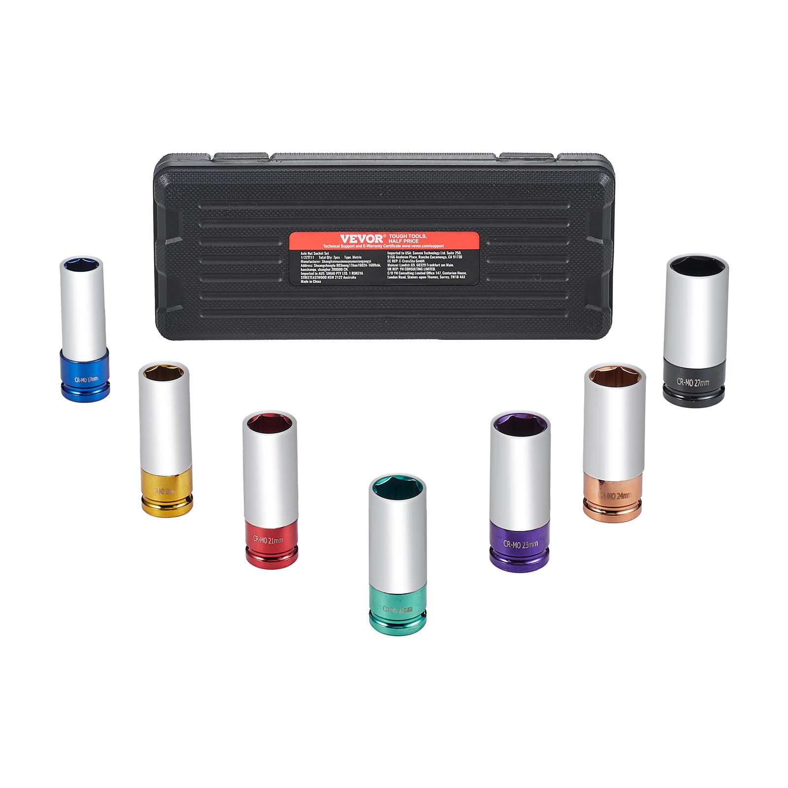 VEVOR Juego de Dados de Impacto para Tuercas de Rueda Kit de Dados Profundos Métricos de 6 Puntas con Impulsión de 12,​7 mm, 7 Tamaños de Tuercas 17/​19/​21/​22/​23/​24/​27 mm con Estuche de Almacenamiento