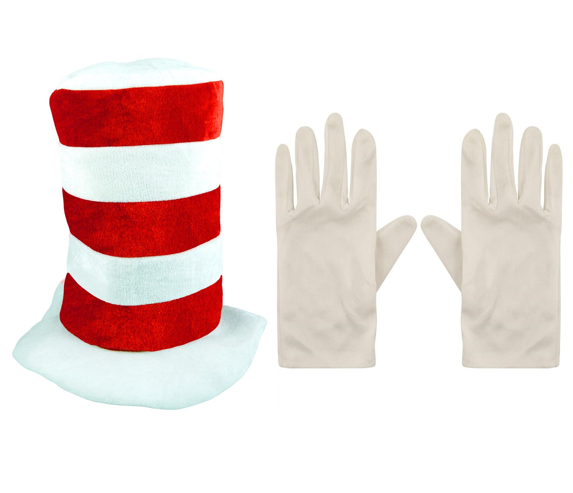 NuJake Kids Cat Costume Set - Red & White Striped Hat & Gloves, Children’s Fancy Dress Accessory for World Book Day Parties & Role Play