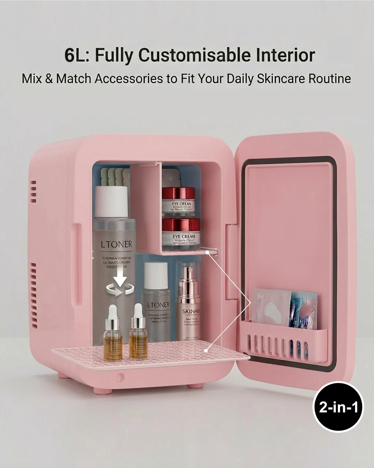 MoraRise 6L Mini Fridge for Bedrooms, Portable Cooler & Warmer Skincare Fridge with LED Mirror, AC/DC Compact Beauty Fridge for Food, Car, Home, Office, Drinks, Cosmetic, Skin care (Pink, 6L) - 3