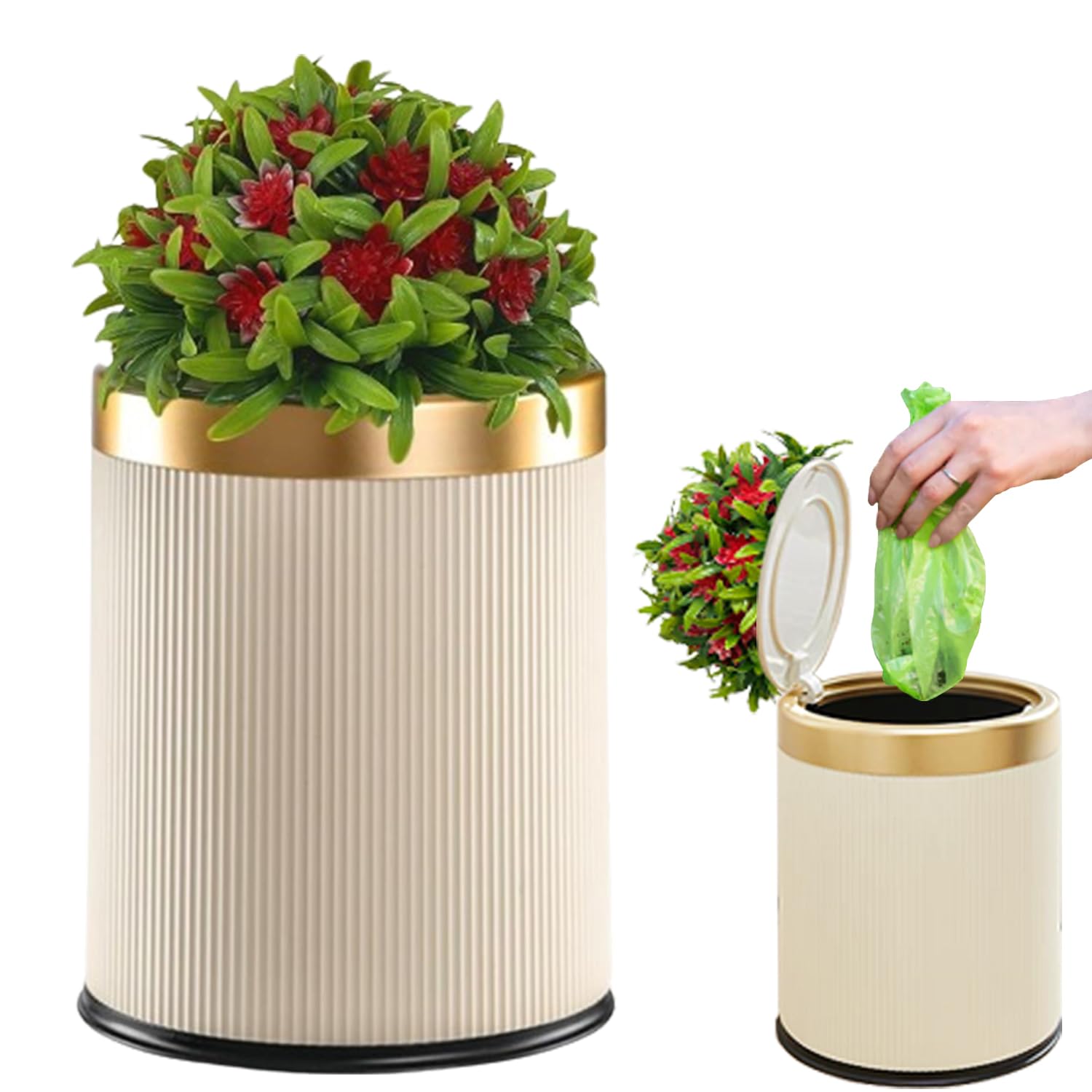 Outdoor Dog Poop Trash Can, Plant Styled Small Garbage Can with Lid, Dog Waste Trash Can, Backyard, Patio Waste Bin for Dog Poop, 2.6 Gal, Cream