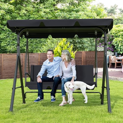 3-Seat Patio Swing Chair,Outdoor Porch Swing with Adjustable Canopy and Durable Steel Frame for Patio, Garden, Poolside (Black)