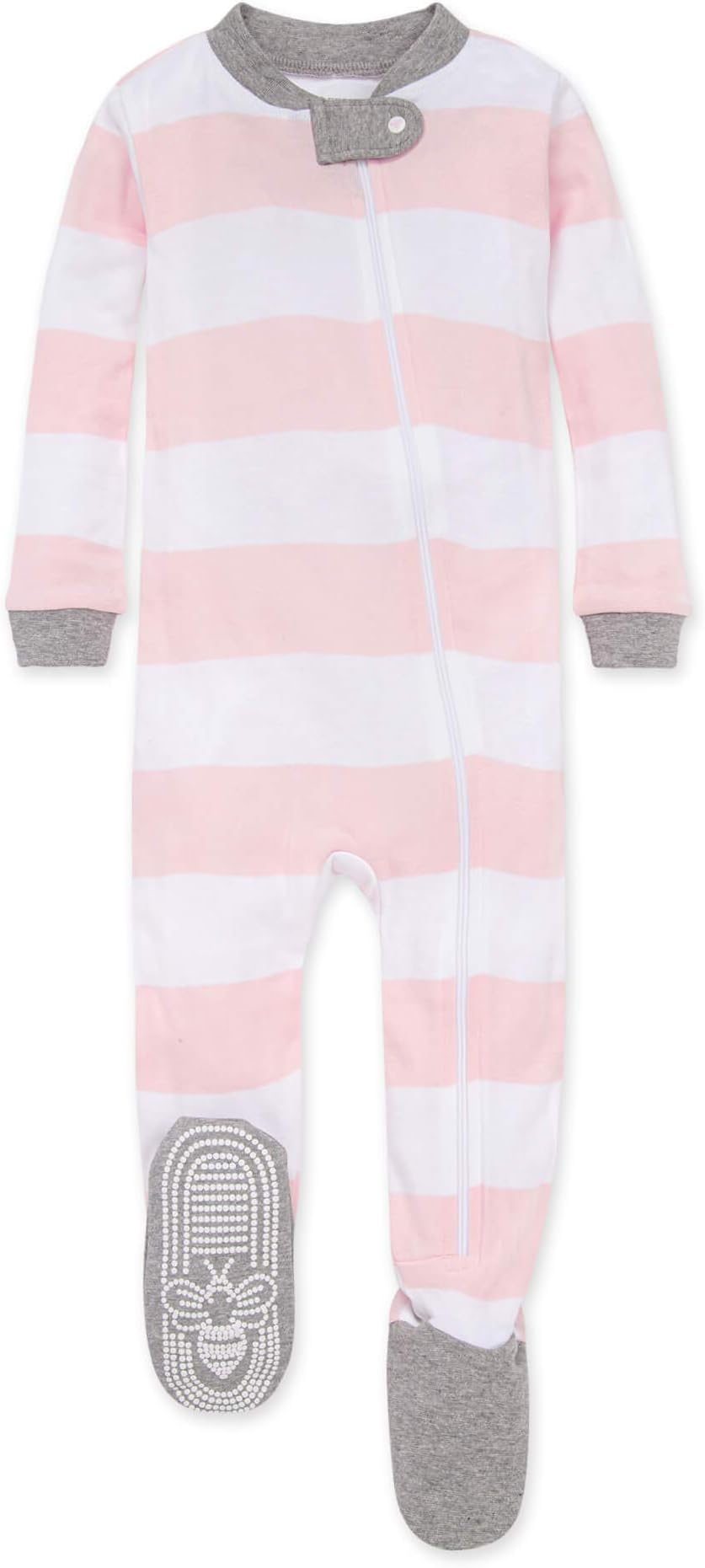Burt's Bees Baby Girls' Soft Organic GOTS Certified Stripe Zip Front Non-Slip Footed Sleeper Pajamas (Newborn - 0-3 Months)