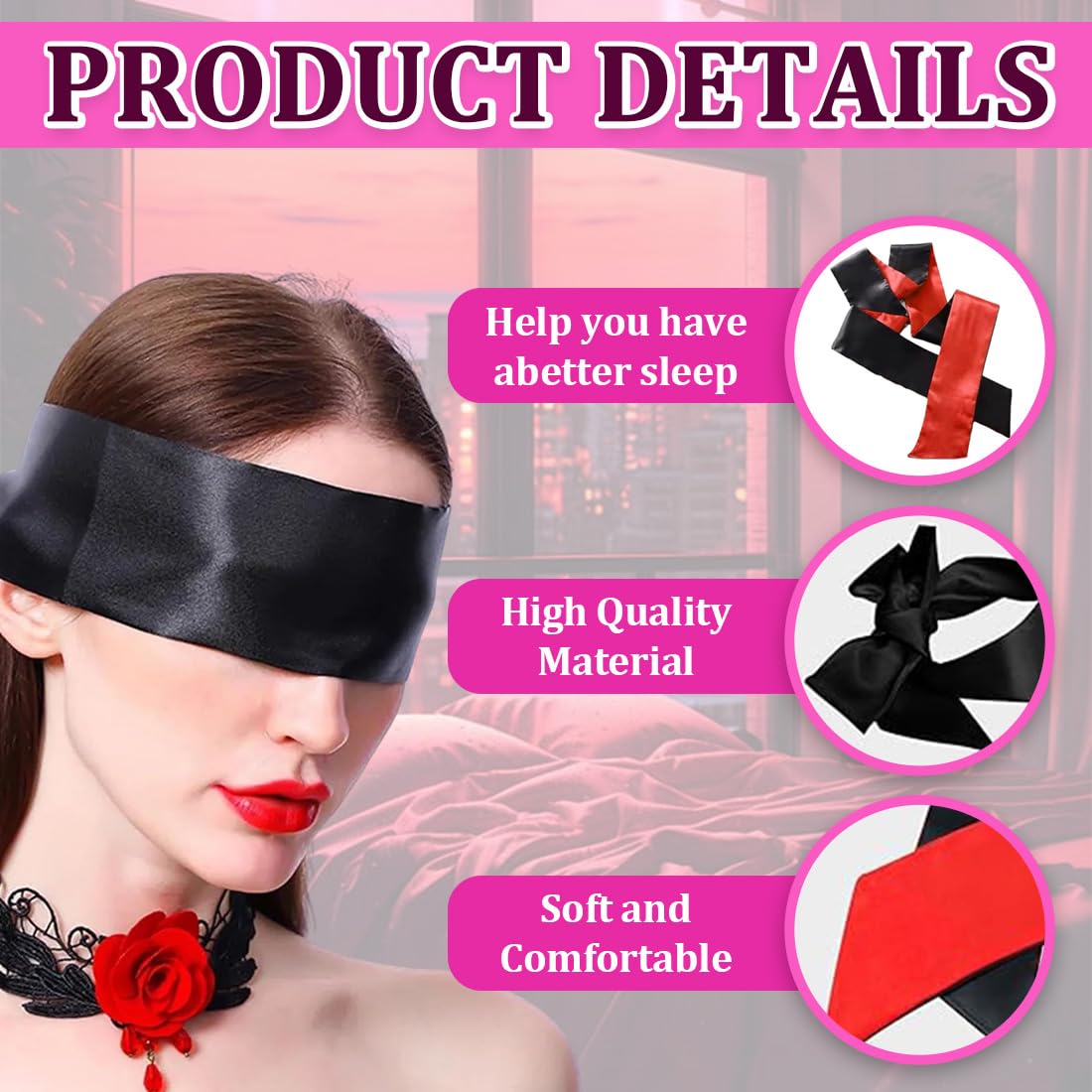3 Pcs Maschera Per Occhi In Raso Fasce Per Occhi In Raso Morbide Maschere Per Dormire Copertura Per Gli Occhi Da Viaggio In Raso Per Donne Uomini Adulti Coppie 130X5Cm Nero Rosso