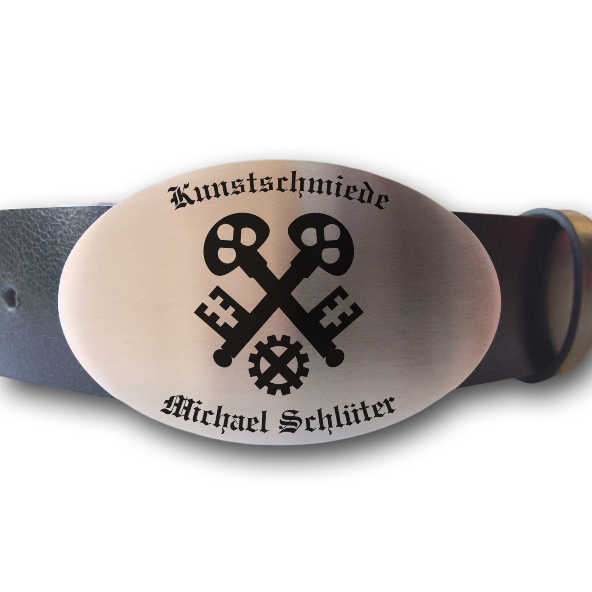 Ledergürtel mit ovaler Gürtelschnalle Zunftzeichen Schlosser Metallbauer und Wunschgravur personalisiert Dein Text Name Gürtel Geschenk Schmied