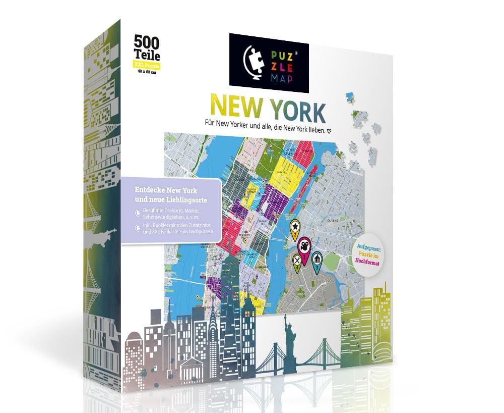 PuzzleMap New York, puzzle da 500 pezzi, formato XXL, con libro e biglietto pieghevole, 86 x 46 cm, per adulti e bambini, ideale come regalo per i viaggi