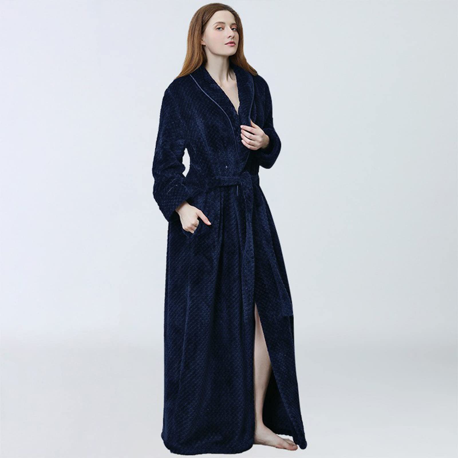 Accappatoio da donna, taglie lunghe, invernale, M-XL, in pile caldo | Baby Dolls & Negligee da donna, leggero, vestibilità ampia, con scollo a V, con cintura, tinta unita