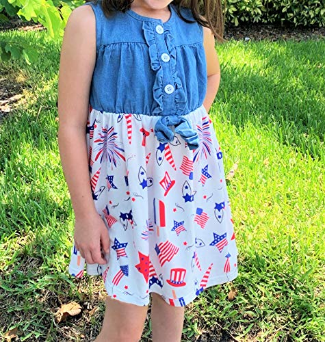 Image of Unique Baby Girls Sleeveless Denim Dress with Knot Tie and Fun Print for Toddler and Big Kids
