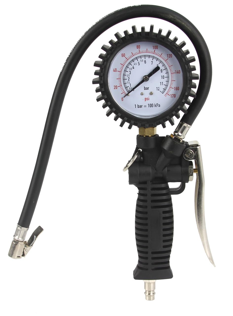 Pistola per Gonfiaggio con Manometro | Scala di Pressione fino a 12 Bar / 170 psi | Attacco Rapido 1/4' | Tubo 44 cm | Valvola a 2 Stadi