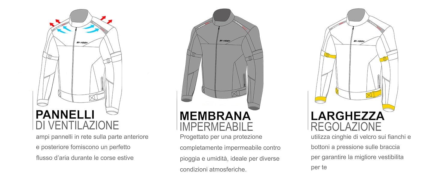 BI ESSE Giacca Giubbino Tessuto Moto Scooter Viaggio Sfodrabile Ventilata