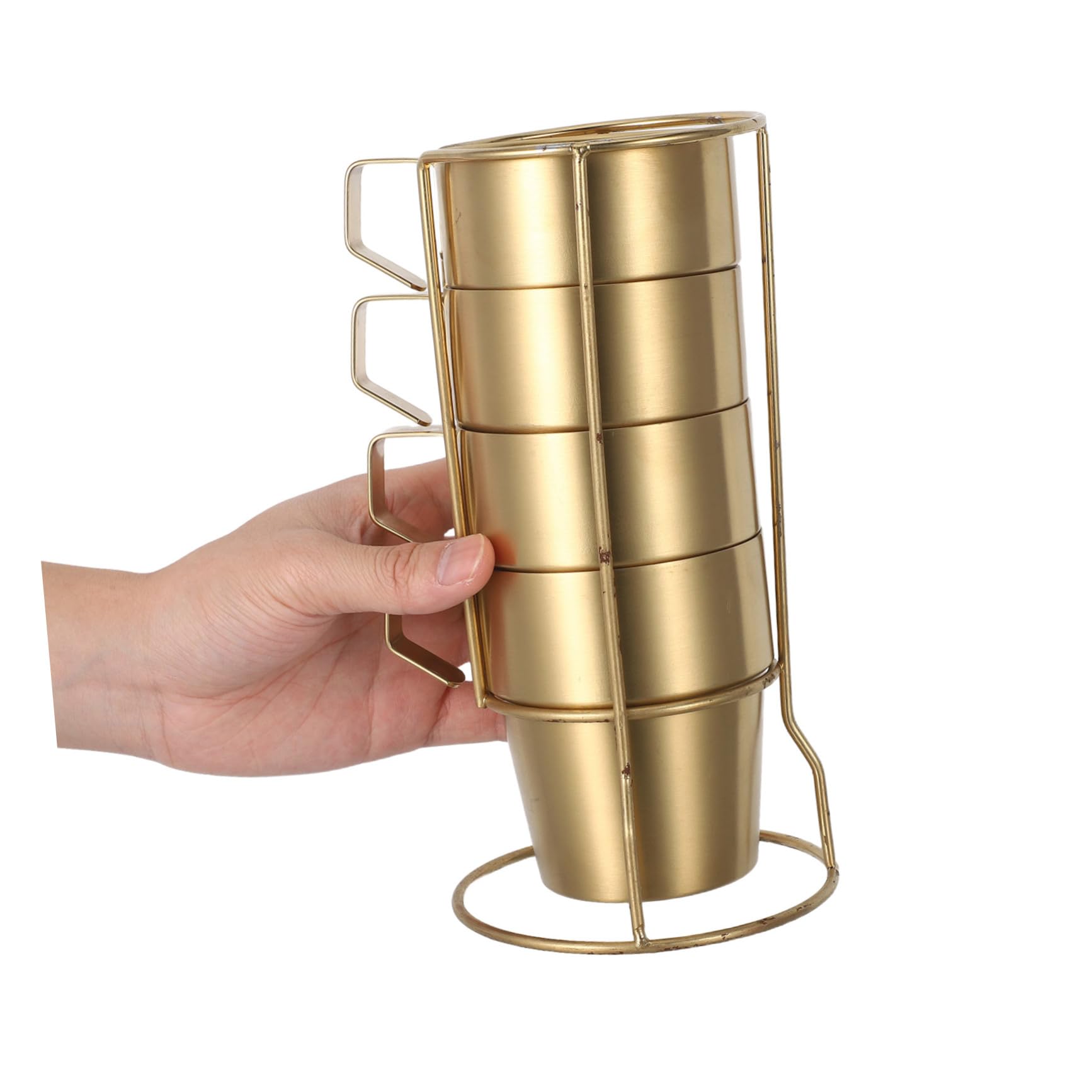 BESTYASH Taza Térmica de Doble Pared de Acero Inoxidable 300ml con Asa | Dorado, Apilable con Rejilla, 1 Juego, Apta para Capuchino y Bebidas Frías