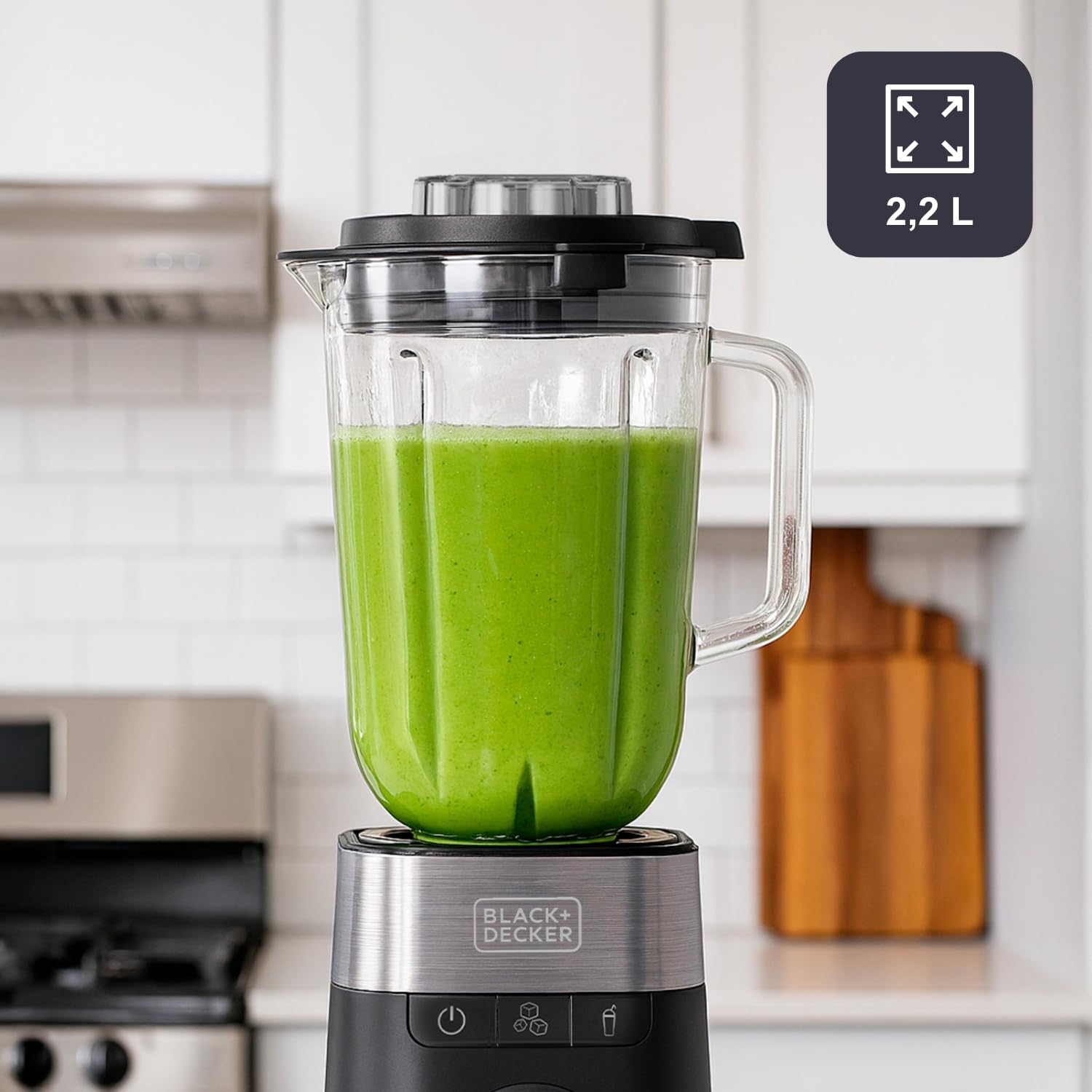 Black+Decker - BXJB1201E 1200 W blender stołowy | szklany dzbanek 2,2 l, 8 prędkości, 6 ostrzy ze stali nierdzewnej, funkcja Pulse, smoothie i siekacz do lodu, wyświetlacz LED | system bezpieczeństwa