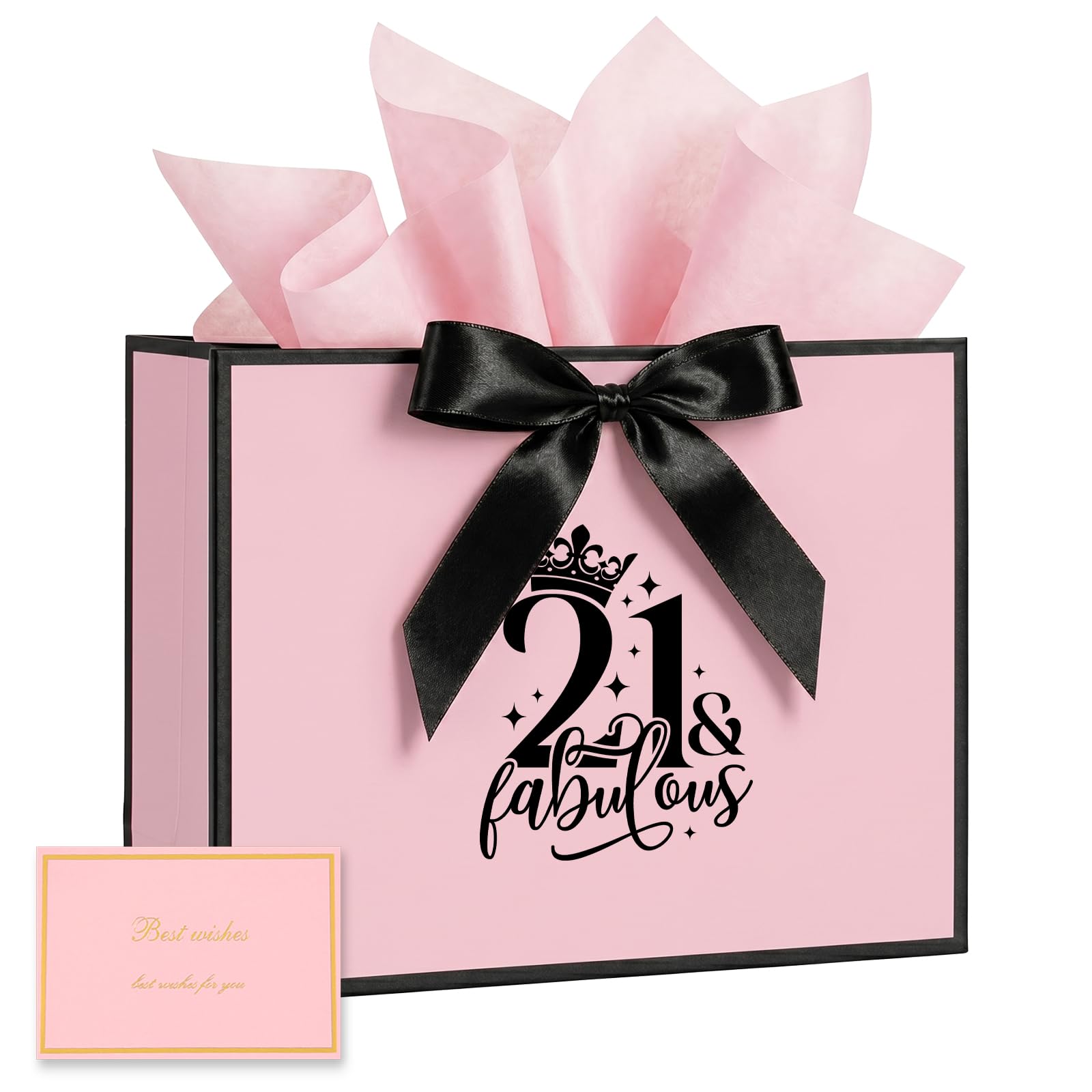 21st Birthday Gift Bag with Tissue Paper and Card, 21st Birthday Party Gifts Bag for Women and Men, Medium Gift Bags for Birthdays Party, Anniversary, 21th Presents (Pink) — image 1