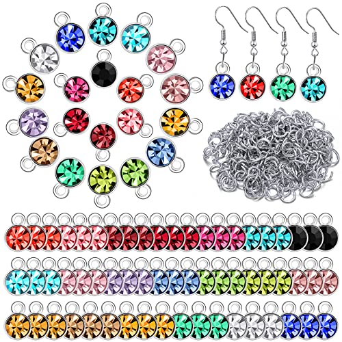 Sureio 80 Pieces Crystal Birthstone Charms with 200 Jump Ring Handmade DIY Beads Pendant Mixed Color Birthstones for Jewelry Making Round Charms for Bracelets Necklaces Jewelry Findings (Vivid Color)