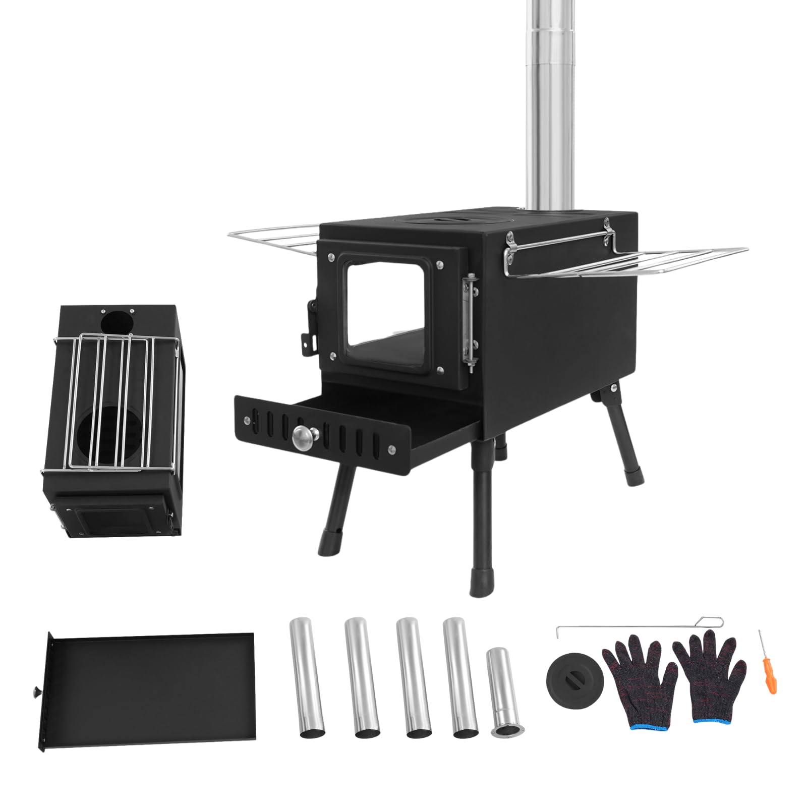 Klappbarer Camping Holzofen, Zeltofen Outdoor mit Schornstein, Tragbarer Zeltofen & Outdoor Küchenofen aus Edelstahl, 36-56cm Höhenverstellung Heizofen(35-40 kg Tragkraft)