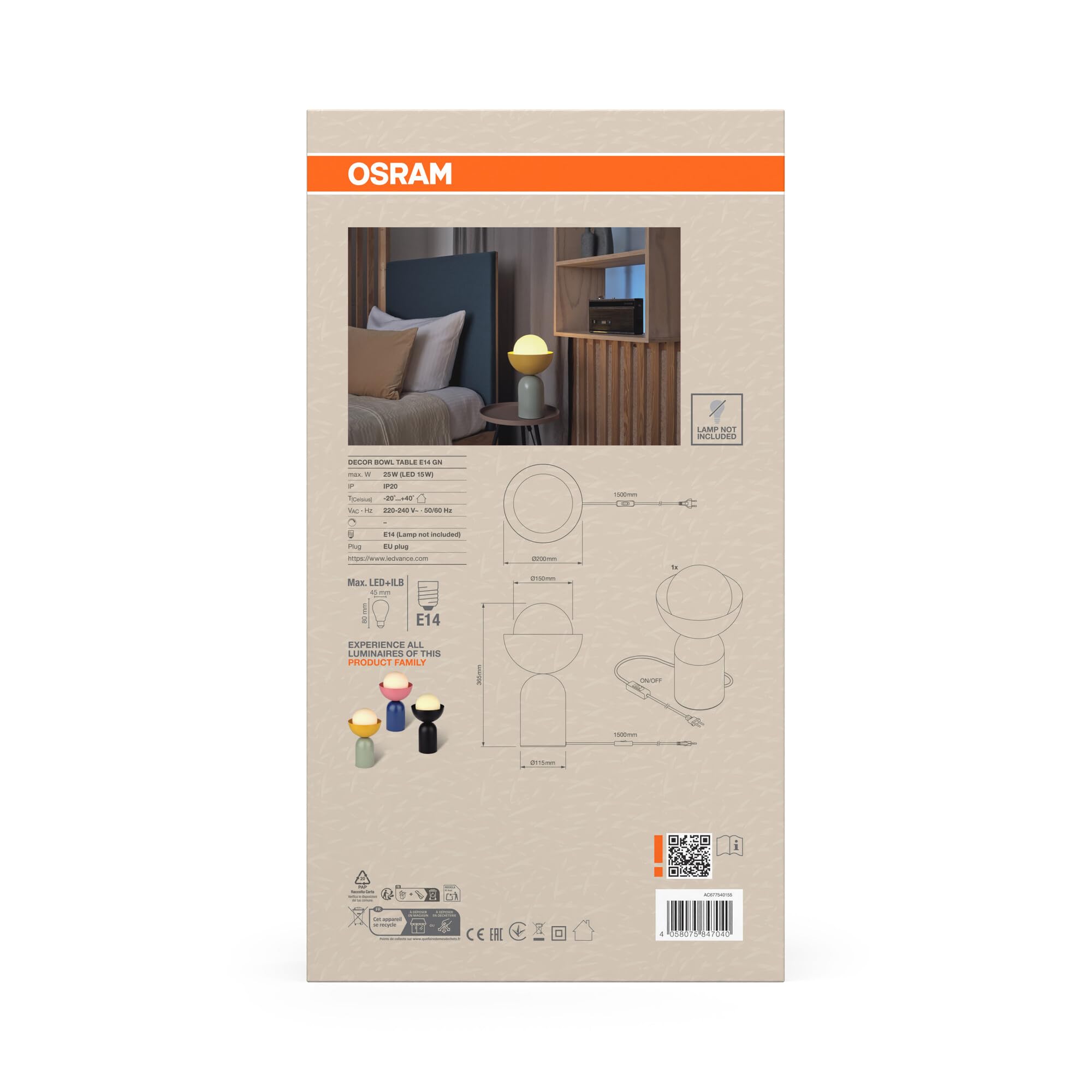 OSRAM Lampada da tavolo DECOR Bowl E14 Vetro Verde/Giallo 200mm