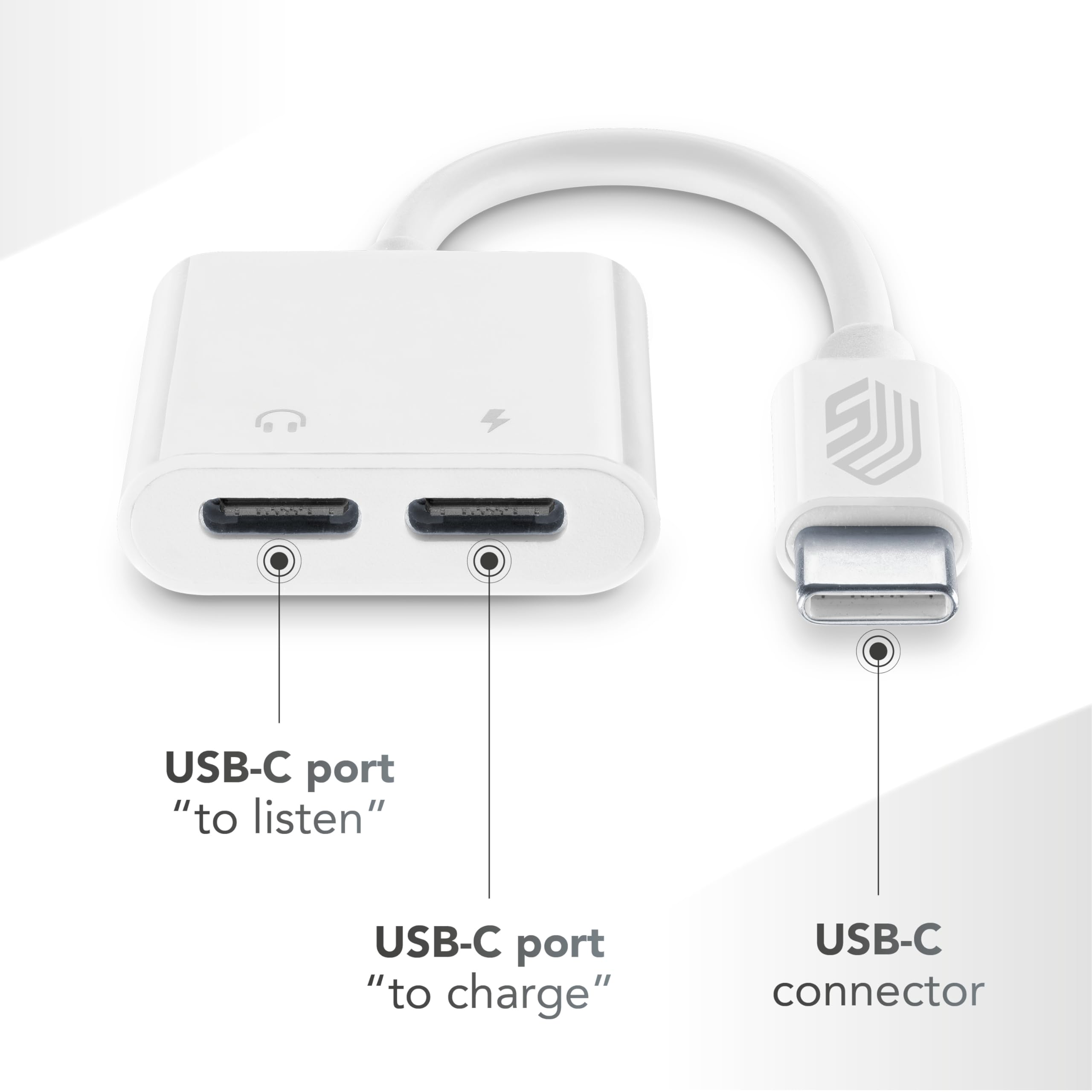 Music Sound - Music & Charge Usb-c/Usb-c - Adapter Aux-Split - Ładowanie smartfona i słuchanie ulubionej muzyki - Ładowanie 60 W - Długość kabla 10 cm - Biały
