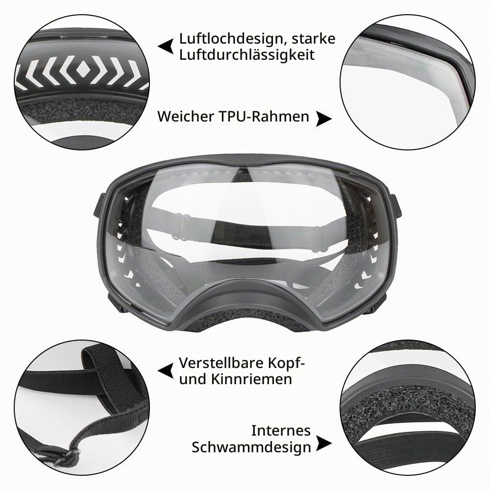 Hundebrille mit Weit Sichtfeld, Große Hunde Sonnenbrille, UV-Schutz Winddichte Schneedicht Hund Fliegerbrille mit verstellbarem Riemen für mittlere und große Hunde