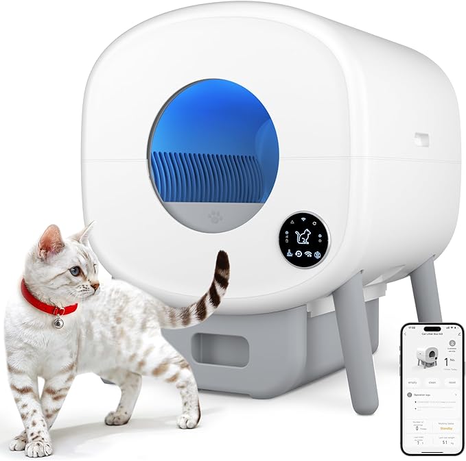 Self Cleaning Litter Box, 95 L Automatic Cat Litter Box Self Cleaning for Multiple Cats, with Safety Protection, App Control,2 Roll Garbage Bags
