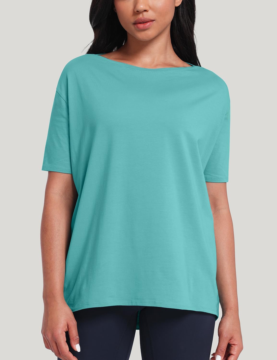 HeyNuts Women's Pima Cotton Short Sleeve Workou Shirt Boat Neck Loose Fit T-Shirts Athletic Tops Casual Shirts - Image 2