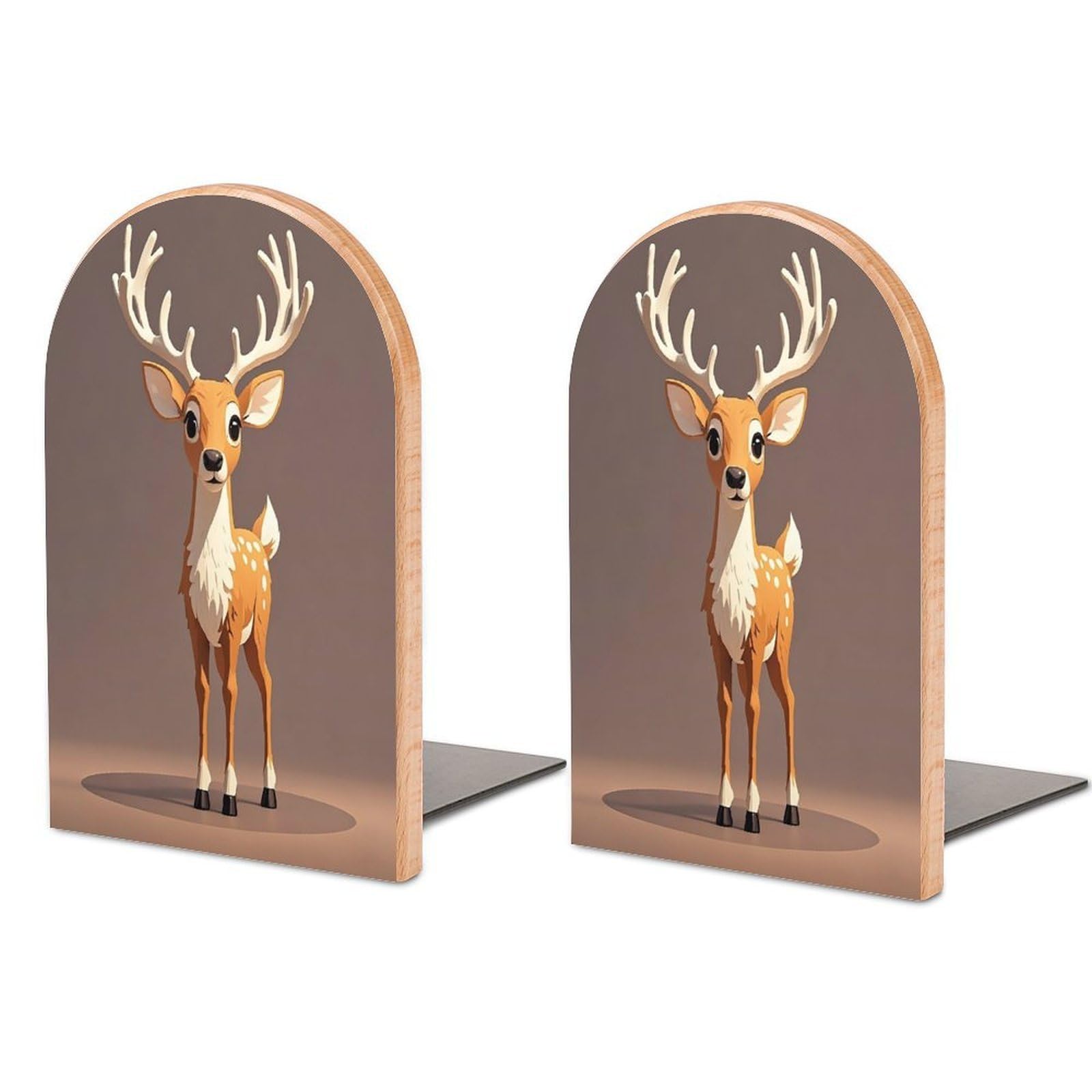 Deer Bookend for Shelves Wooden Book End Sturdy Book Holders Stoppers with Metal Base for Bookshelves Slick Decorative Bookends Stands