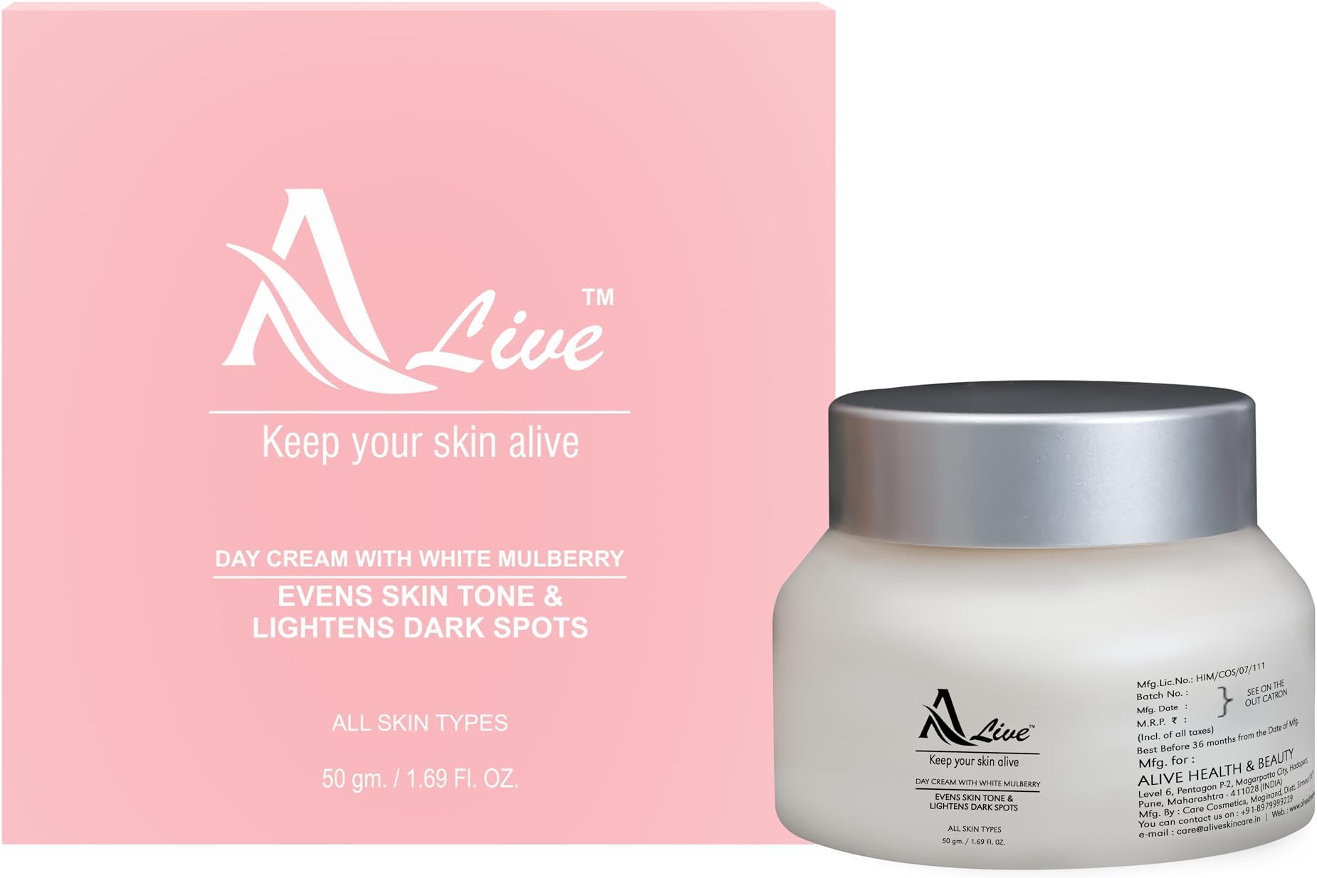 Alive Health & Beauty Day Cream With MORUS ALBA ROOT EXTRACT (WHITE MULBERRY) AND OLIVE LEAF EXTRACT - Evens Skin Tone & Lighten Dark Spots (50 g)