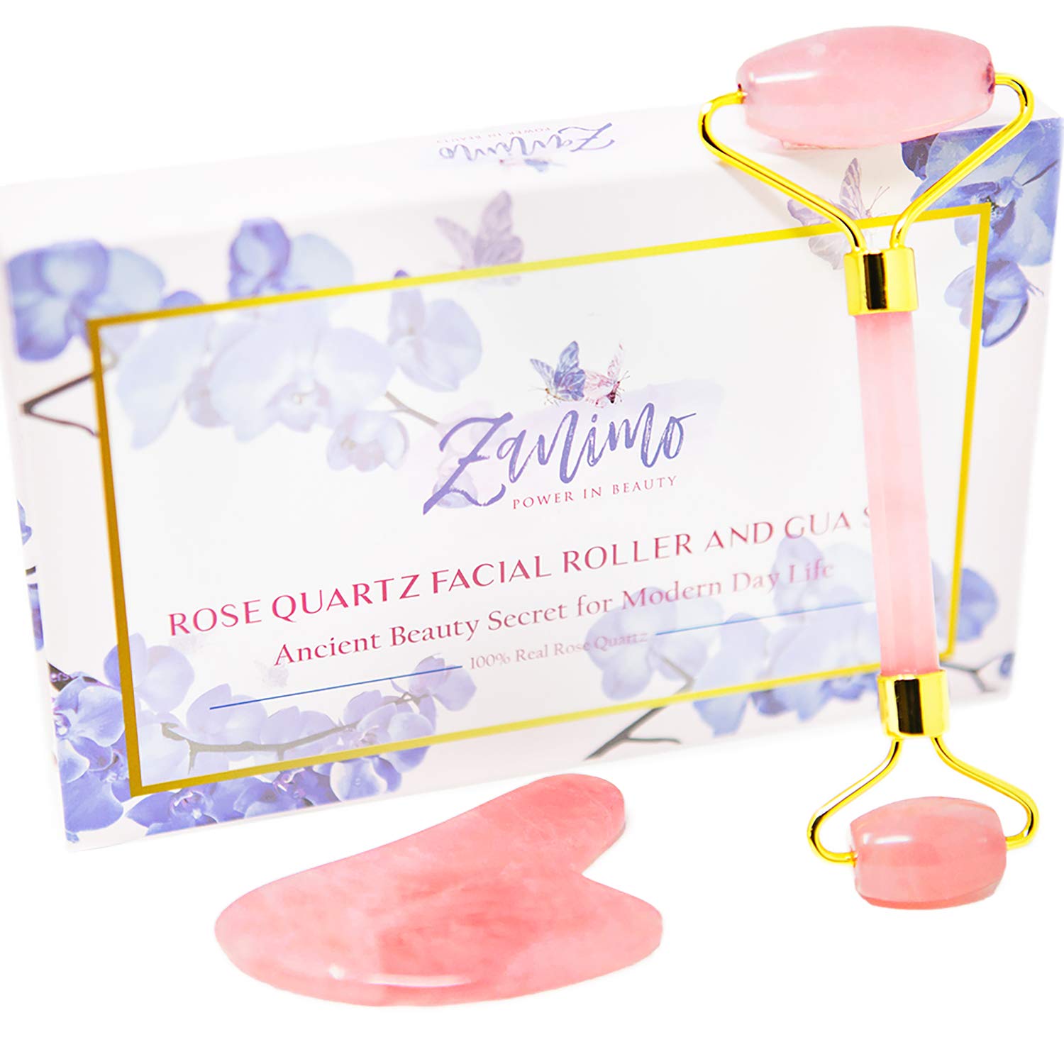 Jade Face Roller and Gua Sha Set, Facial Beauty Roller and Face Massager, Rose Quartz Skincare Tools, Anti Aging, Reduce Wrinkles and Relieve Muscle Tension