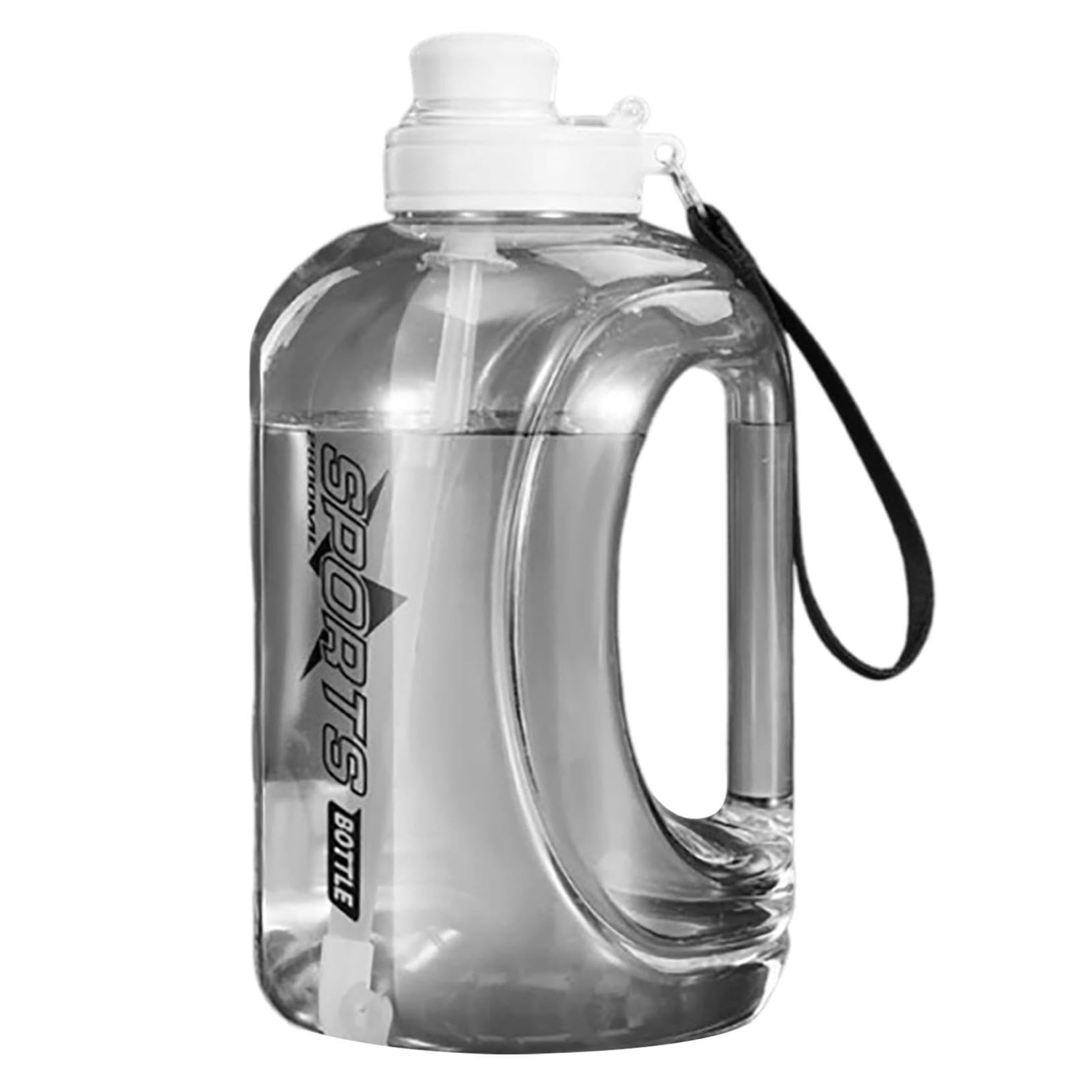 Sports Water Bottle, 64 OZ PC Large Durable Leakproof Portable Wide Mouth Ergonomic Handle Water Cup,Transparent Heavy Duty Straw Chug Lid Water Jug for Gym Hiking Travel Men Women，white