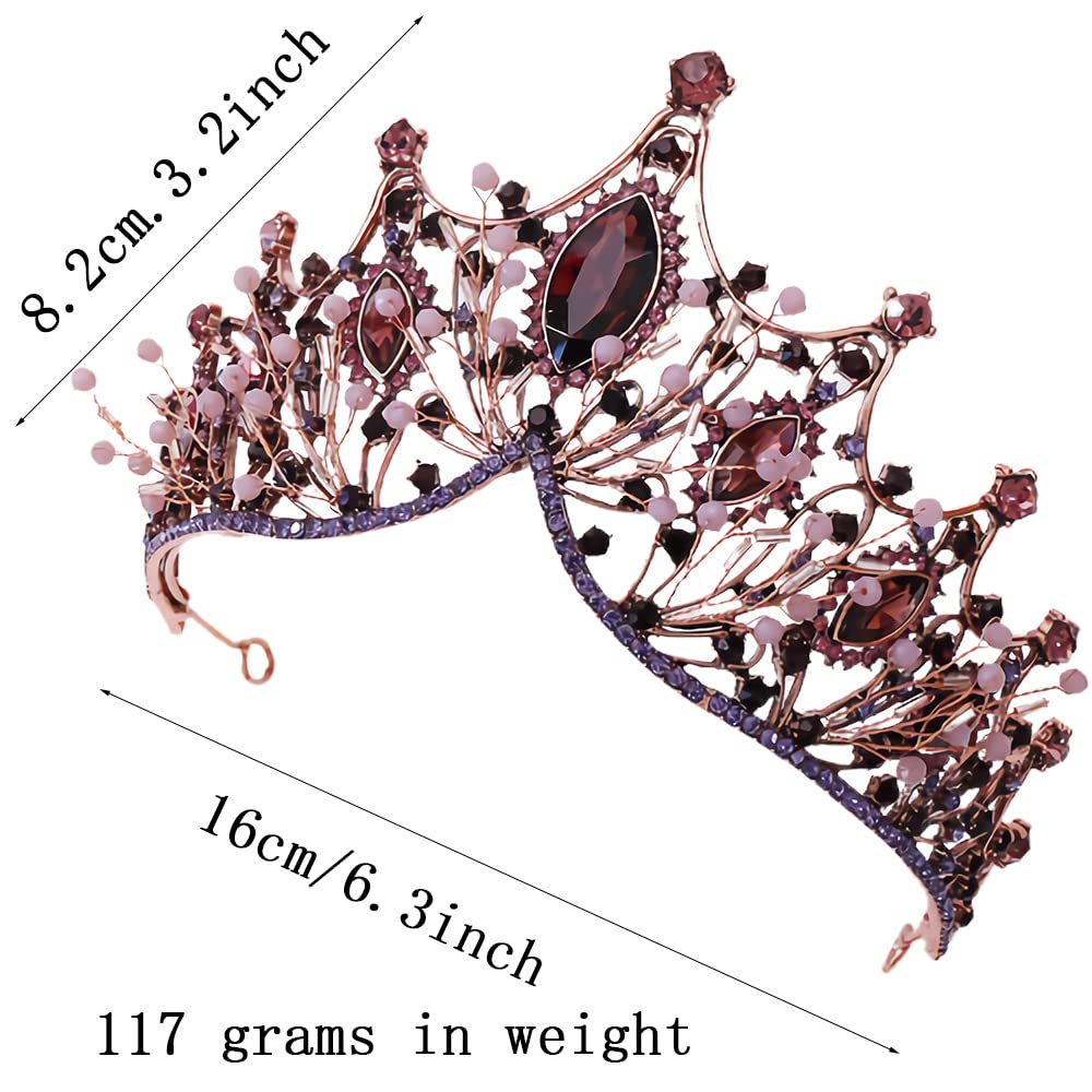 Corona Barocco, Tiara Corona Di Cristallo Con Strass, Diadema Con Strass per Matrimoni, Feste Da Ballo, Concorsi Bellezza, Feste Compleanno (Antico Rosso Rame Viola)