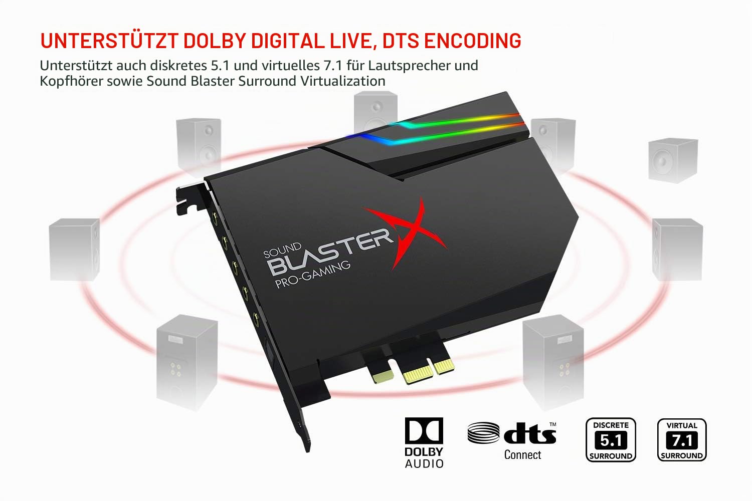 Creative Sound BlasterX AE-5 Plus SABRE32-Class Hi-Res 32-Bit/384 kHz PCIe Gaming Soundkarte und DAC mit Dolby Digital DTS, Xamp Diskreter Kopfhörer Bi-Amp, bis zu 122 dB SNR, RGB-Beleuchtungssystem