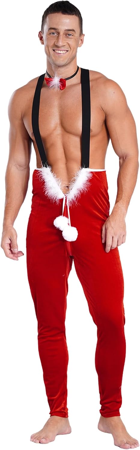 Hansber Men's Christmas Jumpsuit Sexy Santa Claus Costume Zipper Elastic Strap Bodysuits with a Bowknot Neckband