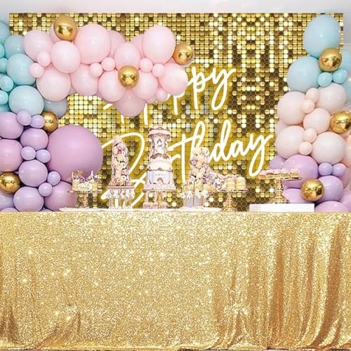 Withu Golden Flash Square Happy Birthday Backdrop for Photography Neon Glitter Gold Sequins Stars Shimmer Wall Cake Table Decorations Background Theme Bday Party Decor Banner 8x6ft by withu - Image 3
