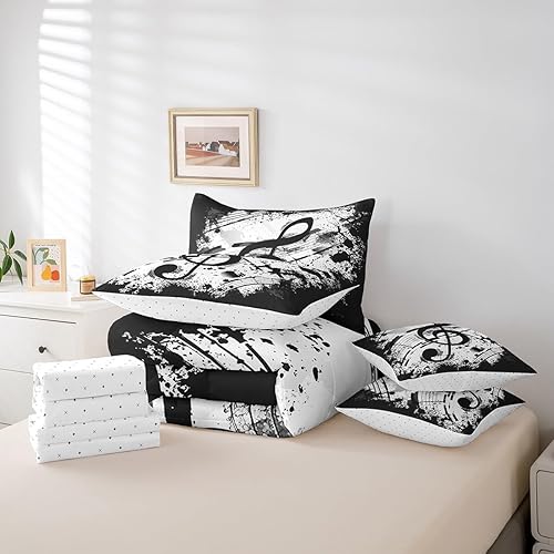 Miniatura 6 de Manfei Juego de edredón de 7 piezas con notas musicales tamaño individual, juego de cama con temática musical retro para niños y niñas, ropa de cama