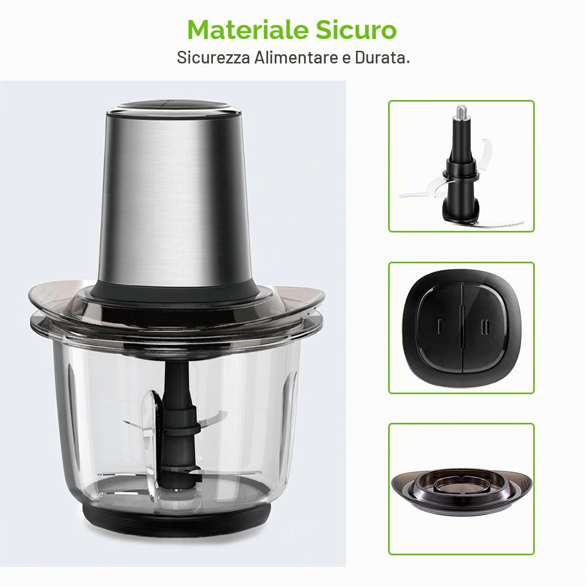 Tritatutto da Cucina Elettrico 400W, Mini Robot da Cucina con Ciotola in Vetro da 1.5L, Frullatore Tritatutto Multifunzione con 4 Lame Affilate per Carne Verdure Frutta, 2 Velocità
