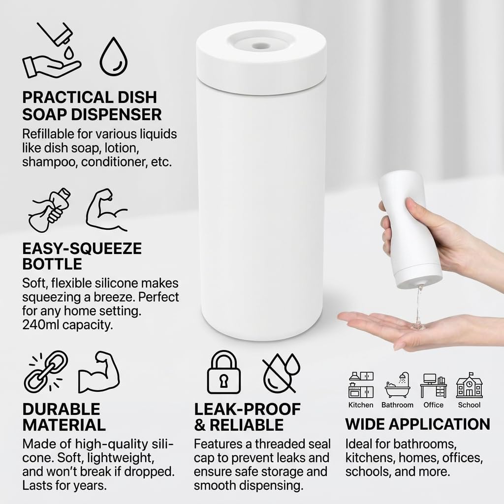 Dish Soap Dish Dispenser, 240ml Silicone Squeeze Washing Up Liquid and Hand Soap Refillable Bottles, Dishwashing Liquid Dispensing for Kitchen & Bathroom (White)