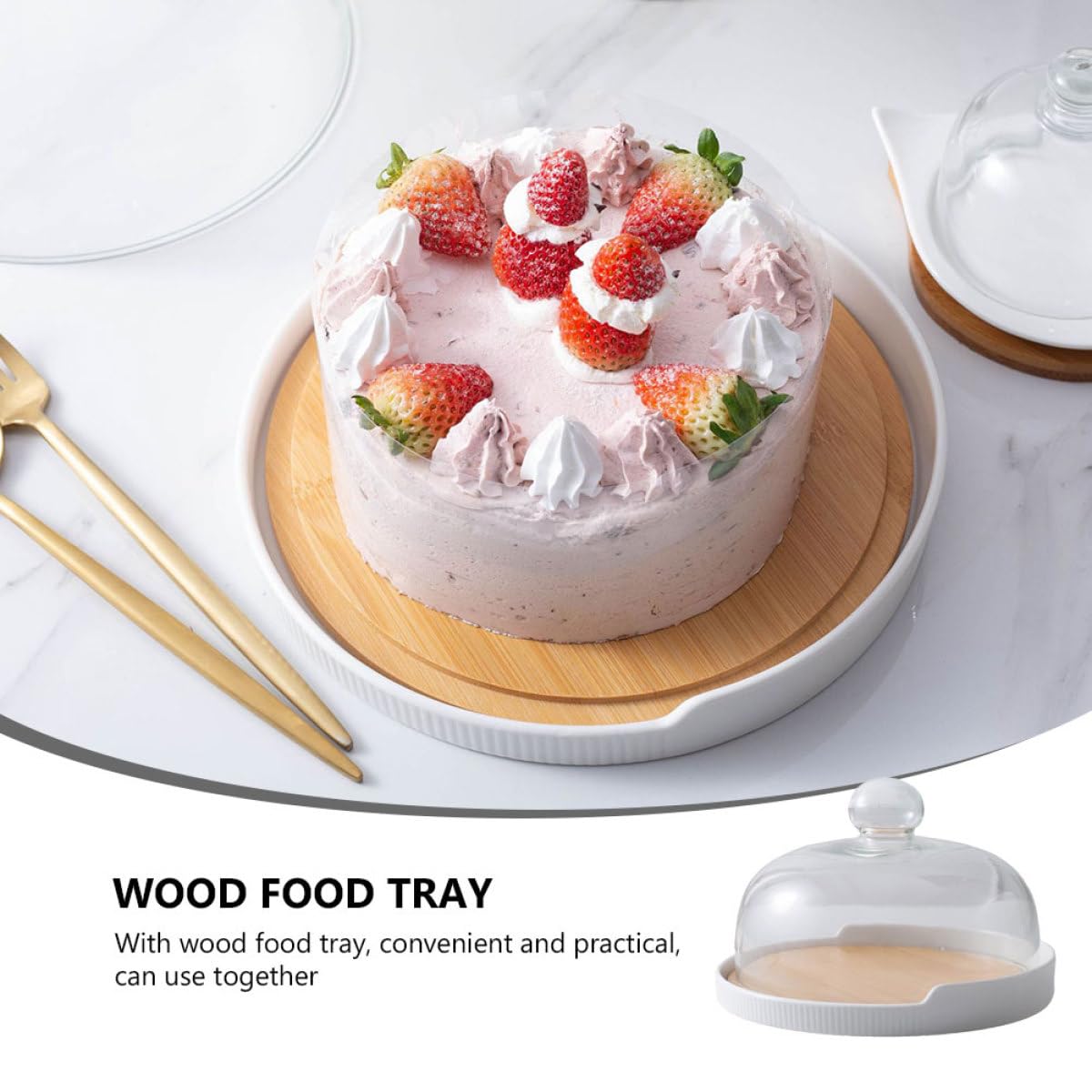OSALADI Plat à Gâteau Rotatif avec Couvercle en Verre, Ensemble en Bois et Céramique, Poignée Pratique, Design Simple et Élégant Maison